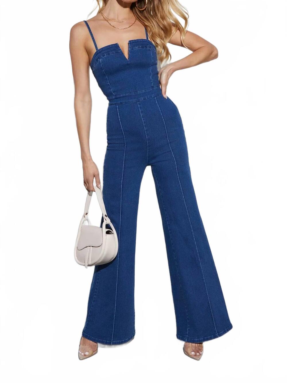 NEW ROSA CLOTHING suspenders high-stretch denim jumpsuit in royal blue